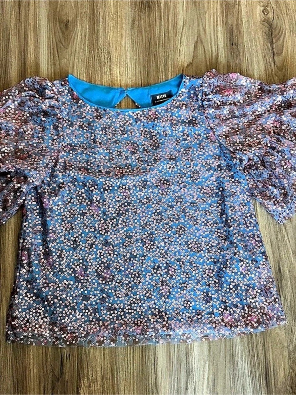 Maeve Sequin Tee Sequin Ruffle Sleeve Blouse Blue & Pink Size XS